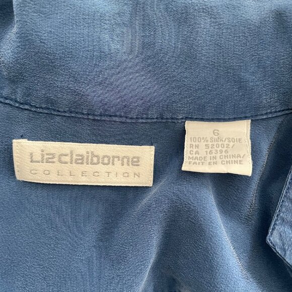 Vintage Liz Claiborne Womens Sz 6 Blue 100% Silk Button-Up Shirt Short Sleeve - Picture 3 of 6